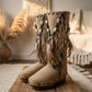 Brown wool crochet joins on beige split suede boots.