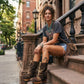 Handmade tiger print suede platform boots with gathered shaft, antique-gold buckle and 9 cm wooden heel by Sol Caleyo