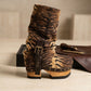 Handmade tiger print suede platform boots with gathered shaft, antique-gold buckle and 9 cm wooden heel by Sol Caleyo