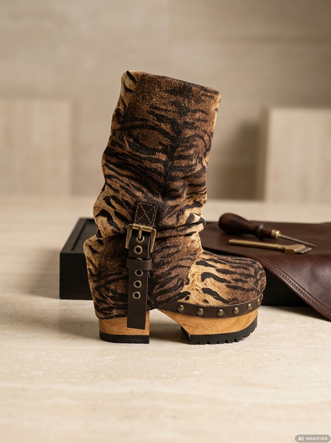 Handmade tiger print suede platform boots with gathered shaft, antique-gold buckle and 9 cm wooden heel by Sol Caleyo