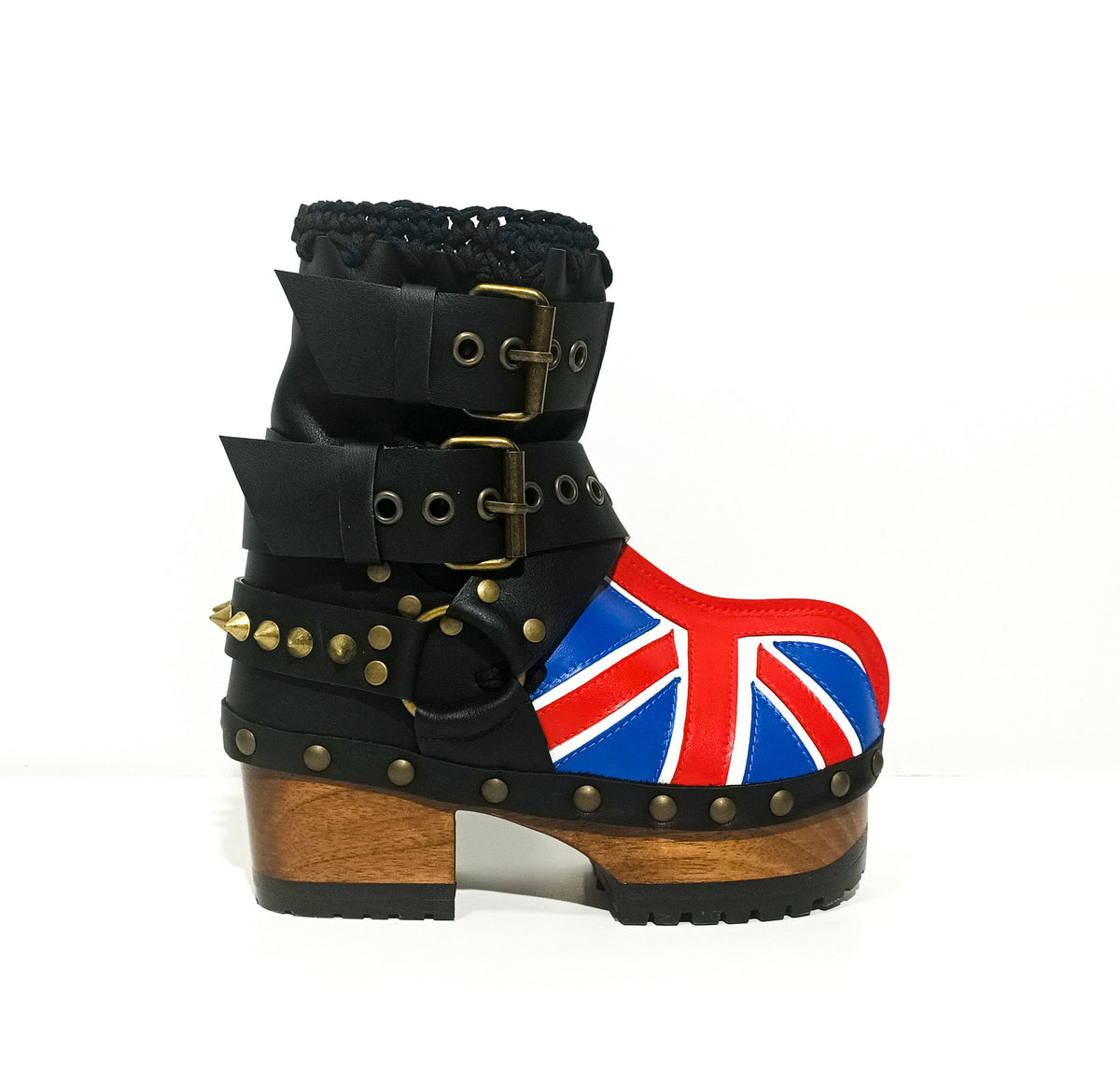 Handmade black leather UK flag platform ankle boots with antique-gold studs, buckles and 7 cm wooden heel by Sol Caleyo.