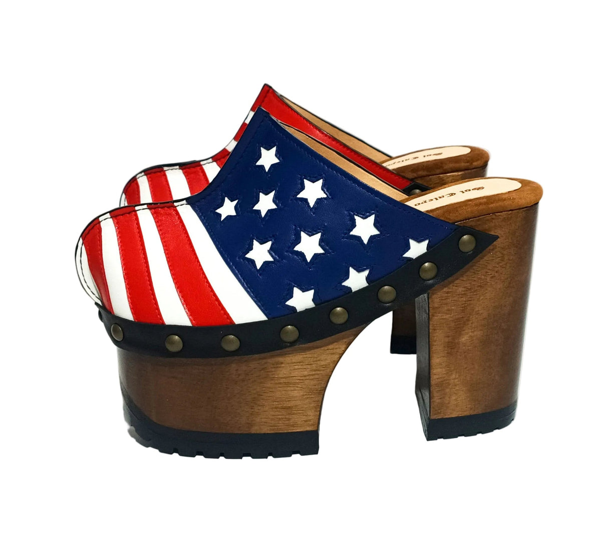 Sol Caleyo Handmade American Clogs - USA Flag Leather Platform Wooden Shoe