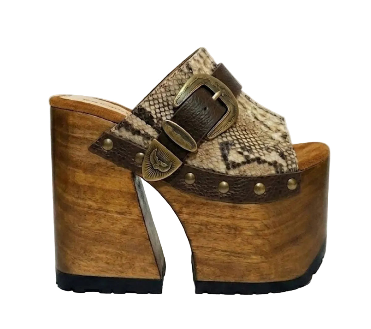 Sol Caleyo handmade Western platform clogs in exotic snake-print leather with 17cm wooden heel and antique-brass concho buckle details.