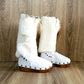 White handmade boho leather and rabbit fur wedge boots with carved bone, shells and feathers by Sol Caleyo