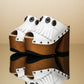 White handmade leather boho platform mule sandals with fringe, silver conchos and 14 cm wooden heel by Sol Caleyo