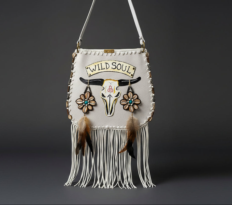 Handmade boho suede bag with hand-painted embroidered buffalo head, fringe, shells and feathers by Sol Caleyo.