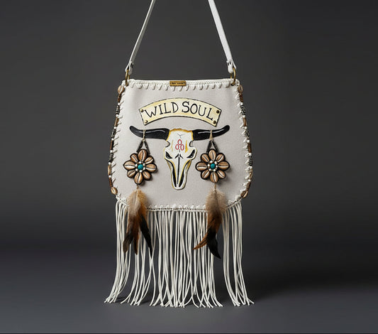 Handmade boho suede bag with hand-painted embroidered buffalo head, fringe, shells and feathers by Sol Caleyo.