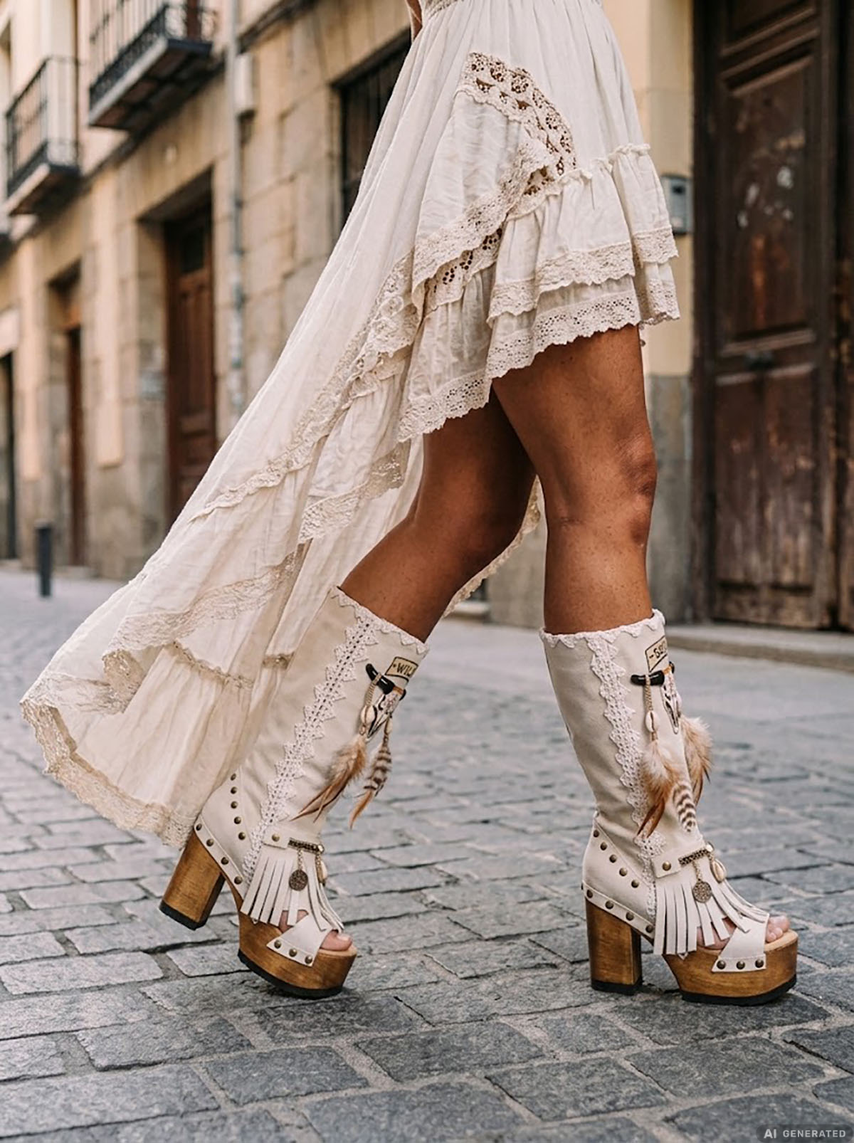 Hand painted buffalo, shells and feathers on handmade white suede boho boots by Sol Caleyo