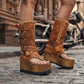 Leather biker style boots. Thong style boot. Thong sandal with wooden wedge. High-end footwear handmade by Sol Caleyo