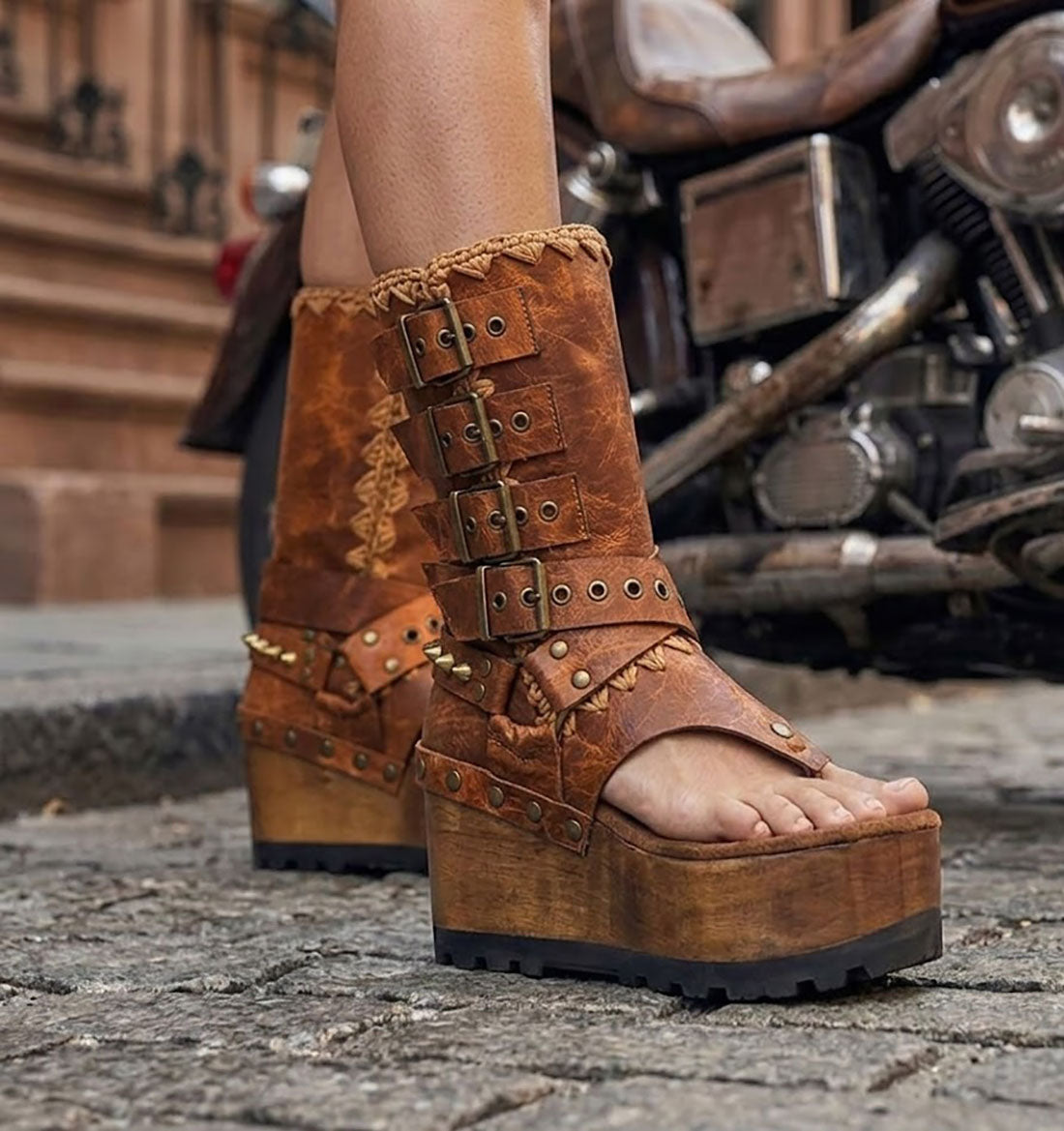 Alabama Flip-Flop Platform Sandals - Handcrafted Tan Leather