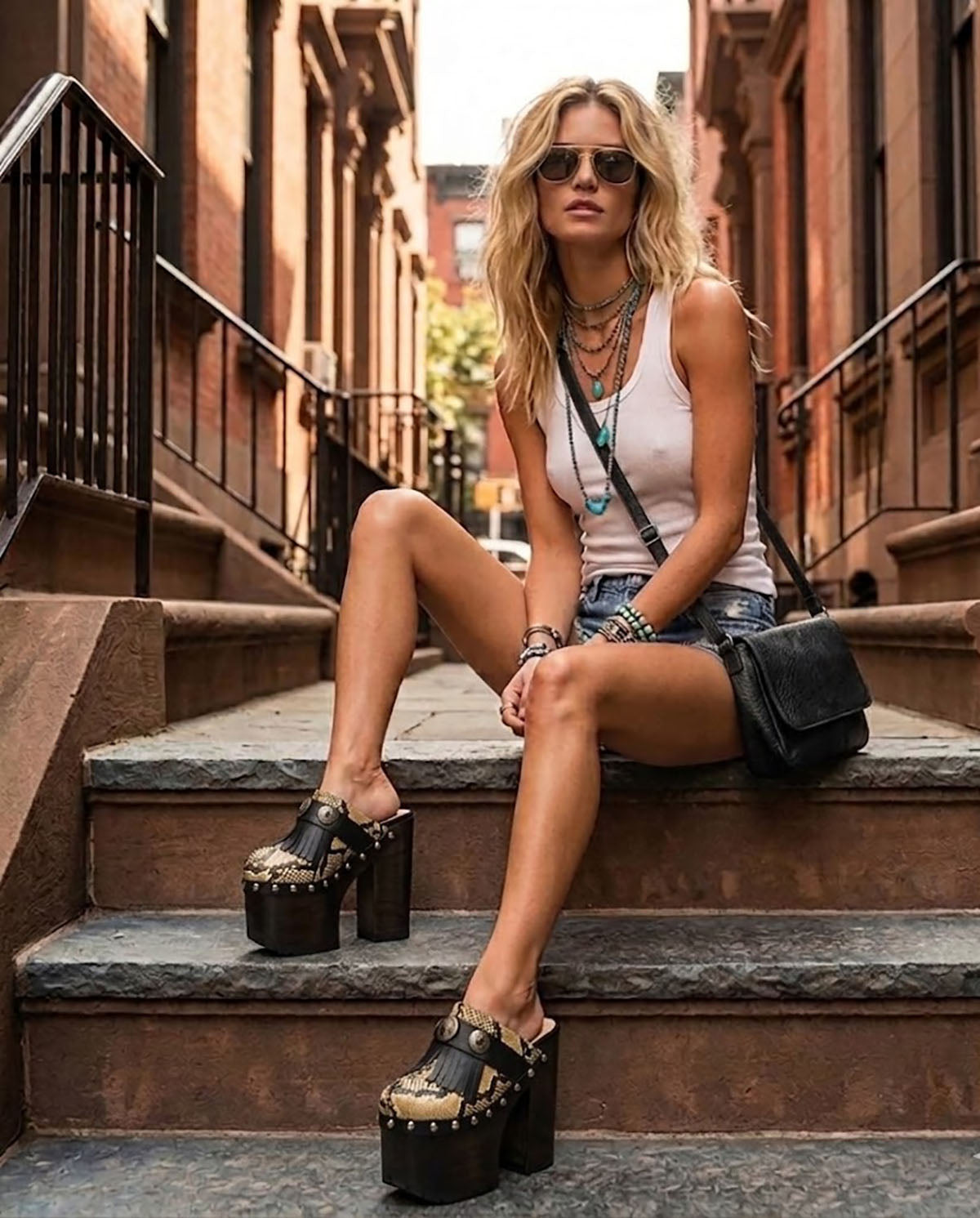 Blogger wearing Indian Snake Clogs with a white tank top and denim shorts, showcasing the 18cm platform height in an urban setting.