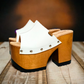 Vintage 70's style white platform sandals. Vintage style wooden heeled sandals. White vintage style mules. Handmade leather shoes by Sol Caleyo.