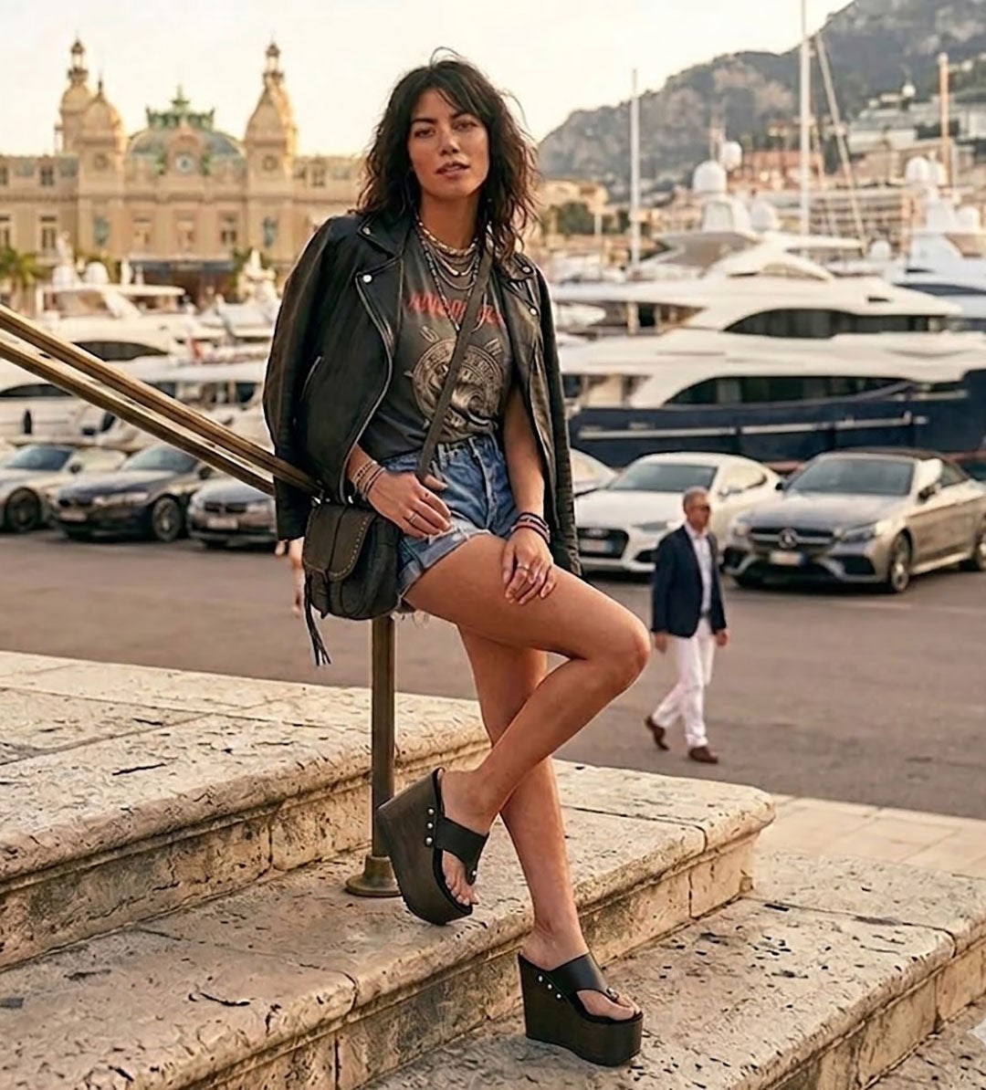 Woman sitting outdoors wearing Sol Caleyo Kauai XL platform flip flop sandals in black leather with silver studs, paired with a black leather jacket and denim shorts.