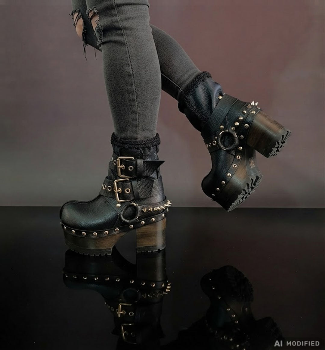 Black leather platform boots with silver studs. Black leather biker style boots with buckles. Black leather ankle boots with vintage style buckles. Leather boots with wooden heel. High-end handmade footwear by Sol Caleyo.