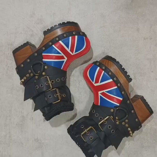 Biker style platform boots with England flag. Leather ankle boots with england flag, buckles and studs. High-end handmade footwear by Sol Caleyo.