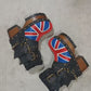 Biker style platform boots with England flag. Leather ankle boots with england flag, buckles and studs. High-end handmade footwear by Sol Caleyo.