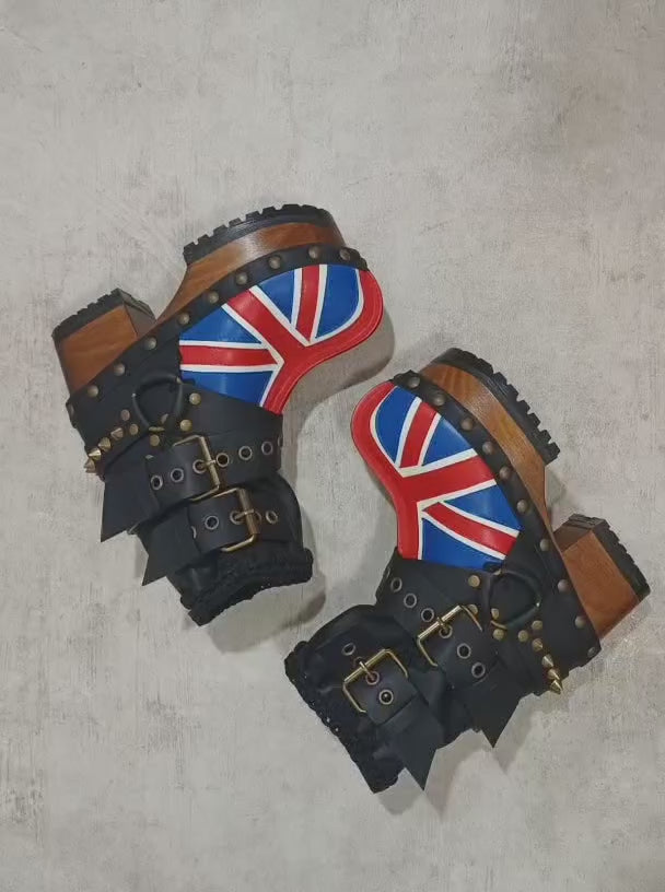 Biker style platform boots with England flag. Leather ankle boots with england flag, buckles and studs. High-end handmade footwear by Sol Caleyo.