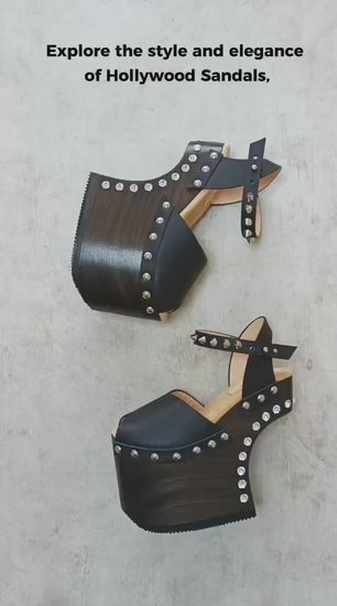 Black leather platform sandal with silver studs. Wooden wedge heel in C decorated with swarovski crystals. Super high heel sandal with genuine swarovski crystals. Super high heel sandal without heel. Sizes 34 to 47. High quality leather shoes handmade by sol Caleyo. Sustainable fashion.