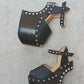 Black leather platform sandal with silver studs. Wooden wedge heel in C decorated with swarovski crystals. Super high heel sandal with genuine swarovski crystals. Super high heel sandal without heel. Sizes 34 to 47. High quality leather shoes handmade by sol Caleyo. Sustainable fashion.