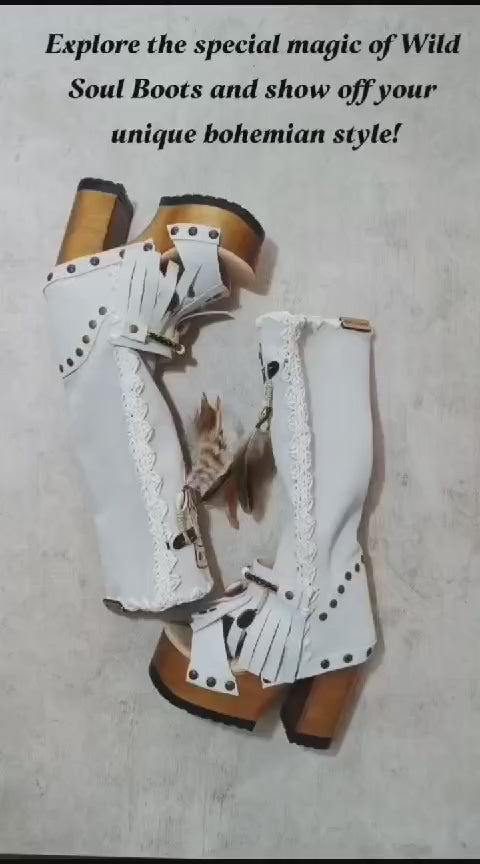 White suede leather platform boots sandals, with hand painted buffalo, decorated with feathers, natural shells, coins and horns, totally handmade to order. An authentic bohemian style boot handmade by Sol Caleyo. Sizes 34 to 47.