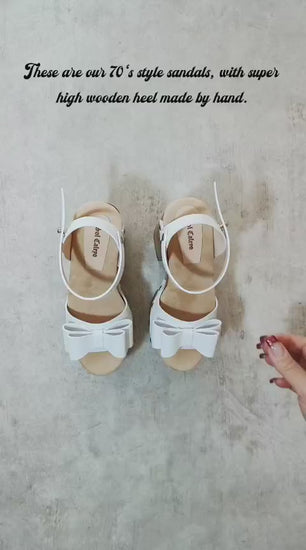 White sandals with platform and super high heel. Platform sandals with bow. Handmade leather sandals, sizes 34 to 47. Platform sandals with wooden heel, exclusive design by Sol Caleyo.