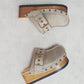 Vintage style wooden wedge clogs. Vintage style leather clogs with buckle and wooden wedge. Wooden wedge mules. High-end leather footwear handmade by Sol Caleyo