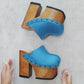 Blue Jeans Clogs by Sol Caleyo - 360 view of handmade leather platform clogs