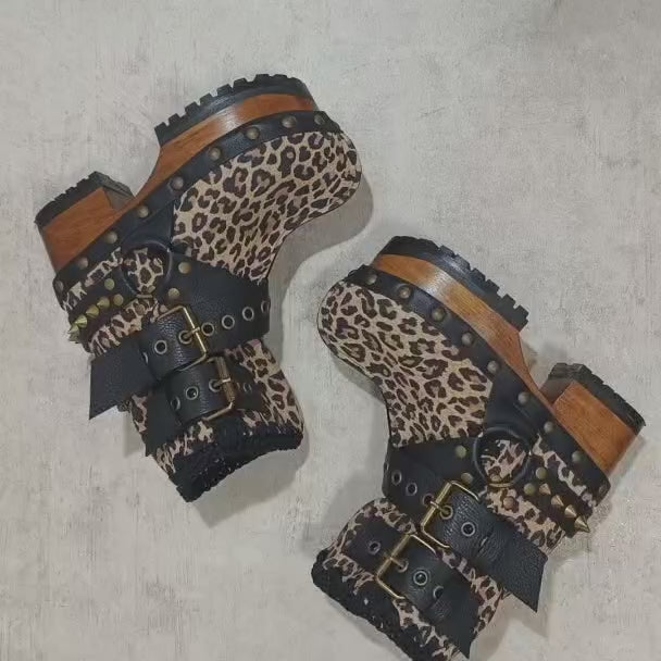 Leopard ankle boots with biker style buckles. Biker style ankle boots. Handmade leather ankle boots. High-end handmade shoes made to order.