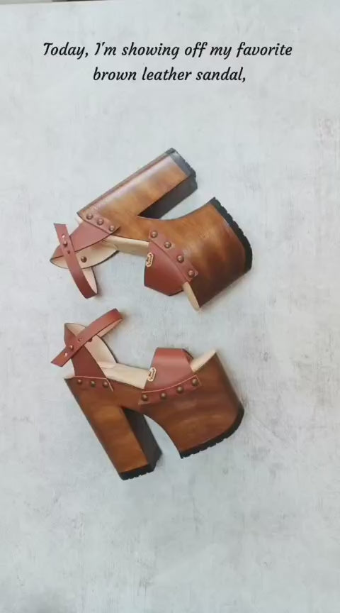 Handcrafted brown leather clogs sandals with wooden soles, high platforms, and heels