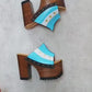 Pair of Sol Caleyo Argentina Sandals featuring a handcrafted wooden block heel and platform, a blue and white leather strap designed as the Argentine flag with three gold stars, and antique gold studs.