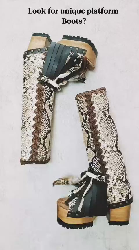 Handmade bohemian snake leather platform boots with wooden heel by Sol Caleyo. Artisan design with natural details, sizes 34–47, made to order.