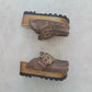 Video of handmade Oxford Vintage leather clogs in aged brown leather with hand-crocheted trim, antique brass buckle and wooden platform sole