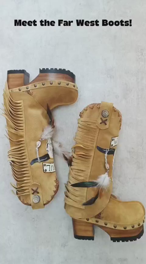 Camel suede cowboy boots. Clogs with hand-painted buffalo head, feathers, and fringes. Bohemian-style boots. High-end footwear handmade by Sol Caleyo.