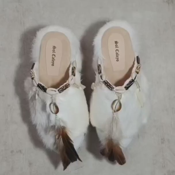 Handmade White Boho Mule Clogs with Rabbit Fur – Sol Caleyo