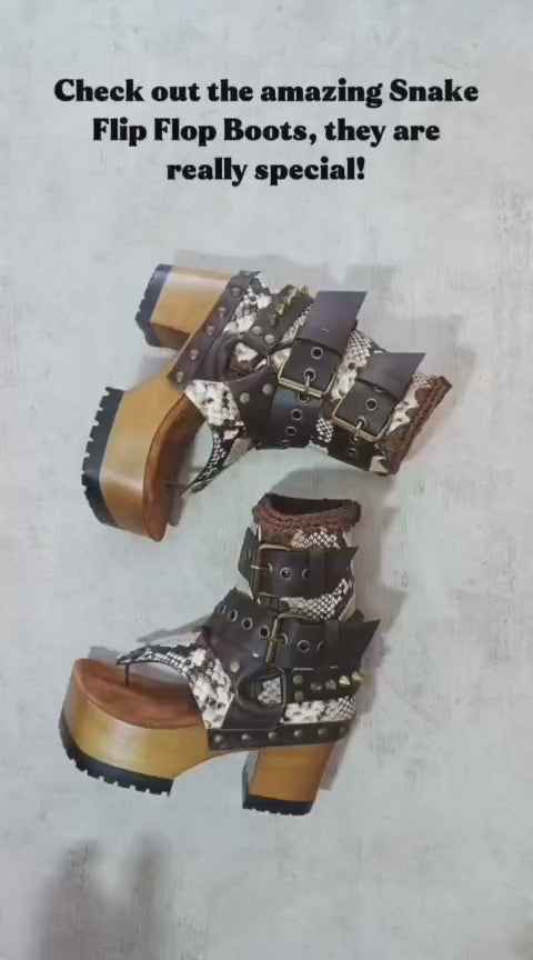 Flip-flop style boot. Biker-style snake boot. Snake boot with wooden heel. Platform flip-flop. High-end leather footwear handmade by Sol Caleyo.