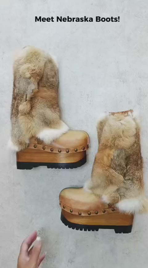 Leather and rabbit skin boots. Wooden wedge boots in clog style. Fur boots. Handmade leather boots made to order. Exclusive design by Sol Caleyo.