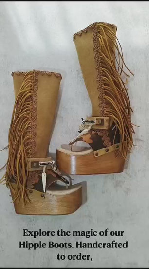 Bohemian style boots. Wooden flip flop style wedges. Boho Chic fringed boots. High-end footwear handmade to order, exclusive design by Sol Caleyo.