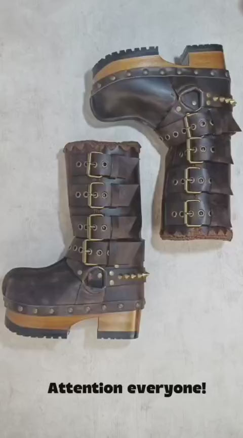Handmade leather clogs. Dark brown leather biker boots. Leather boots with wooden heels. Leather boots with buckles. High-end footwear handmade by Sol Caleyo.