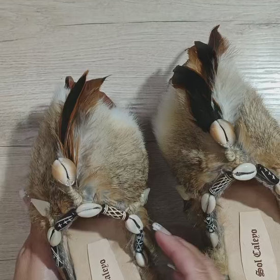 Rabbit fur and feather clogs. Vintage style platform clogs. Handmade leather clogs. Bohemian style clogs.  High-end handmade footwear by Sol Caleyo.