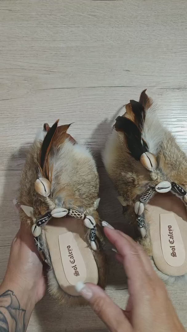 Rabbit fur and feather clogs. Vintage style platform clogs. Handmade leather clogs. Bohemian style clogs.  High-end handmade footwear by Sol Caleyo.