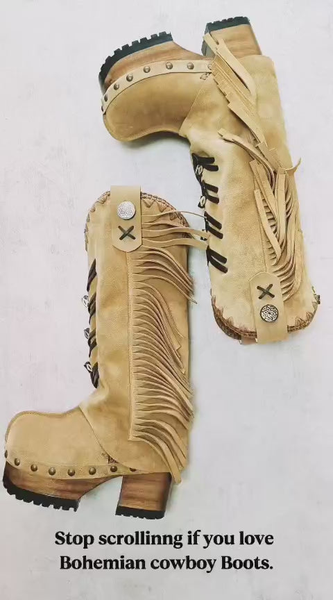 Handmade bohemian cowboy boots in premium suede leather with fringe details and wooden platform sole. Artisan western boots by Sol Caleyo, made to order in Spain. Unique slow fashion design.