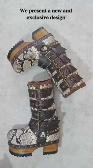 Handmade snake skin clogs. Biker-style snake boots. Leather boots with wooden heels. High-end footwear handmade by Sol Caleyo.
