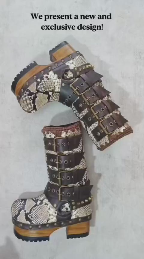 Handmade snake skin clogs. Biker-style snake boots. Leather boots with wooden heels. High-end footwear handmade by Sol Caleyo.