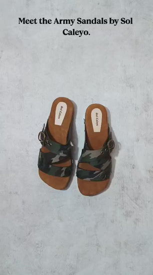 Wooden sole and black Vibram grip outsole on men’s handmade leather clog sandals.