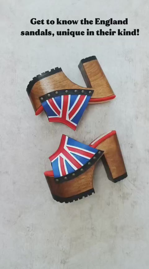 Vintage style platform sandals with wooden heel made in leather. Sizes 34 to 47. Super high wooden heel inspired by the 70s. Exclusive English flag design. High quality handmade leather footwear.