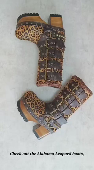 Leopard skin biker boots. Leopard skin clogs. Leopard skin buckle boots. High-end footwear handmade by Sol Caleyo