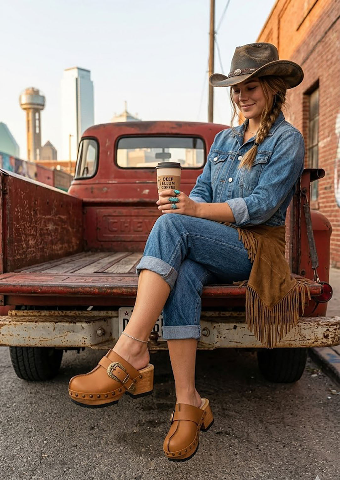 A woman wearing a cowboy hat, denim outfit, and Sol Caleyo handmade light brown leather Route 66 clogs with wooden platform soles, sitting in the back of a vintage red Chevrolet truck in an urban setting.