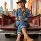 Close-up portrait of a woman in cowgirl style attire sitting on a vintage red pickup truck, wearing artisanal light brown genuine leather clogs with antique bronze buckles and platform wooden heels by Sol Caleyo.