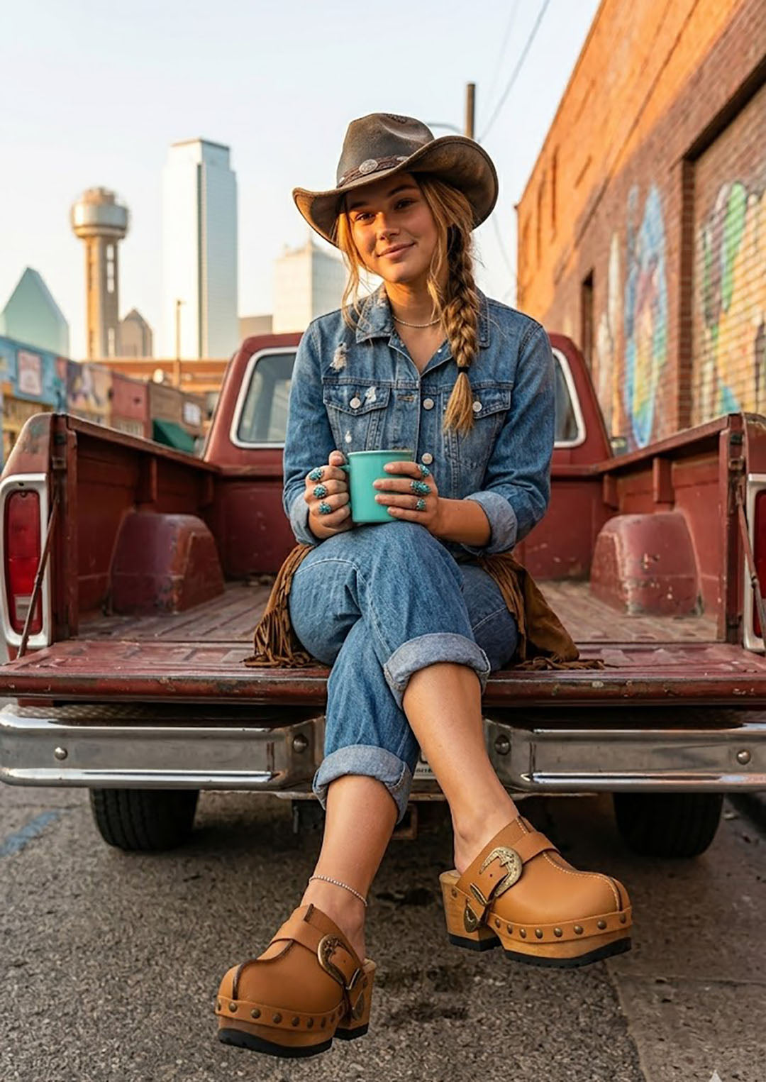 Close-up portrait of a woman in cowgirl style attire sitting on a vintage red pickup truck, wearing artisanal light brown genuine leather clogs with antique bronze buckles and platform wooden heels by Sol Caleyo.