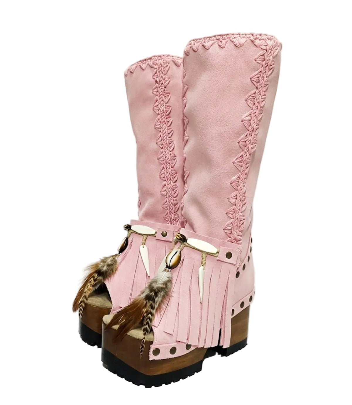 Close-up of Kozani Pink boots featuring artisanal natural horns, shells, and fringes on premium rose suede.